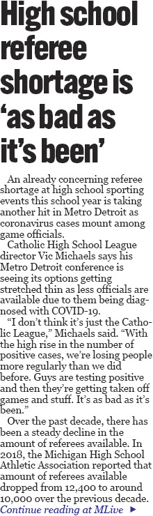High school referee shortage ‘as bad as it’s been’ as COVID-19 continues to impact Metro Detroit 