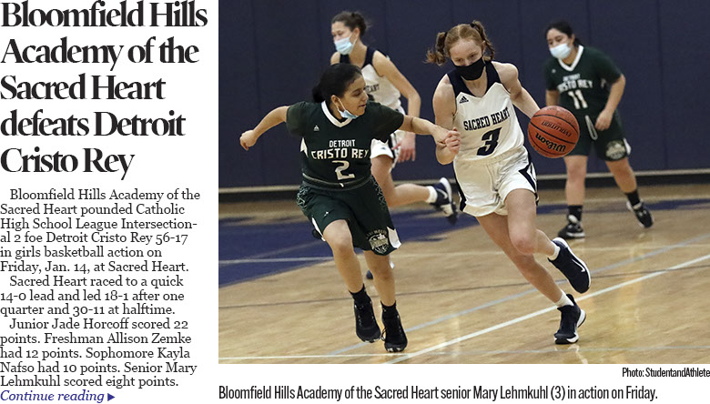    Bloomfield Hills Academy of the Sacred Heart pounded Catholic High School League Intersectional 2 foe Detroit Cristo Rey 56-17 in girls baske