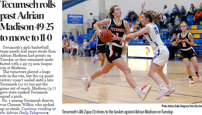 Tecumseh girls basketball moves to 11-0 with win at Madison 