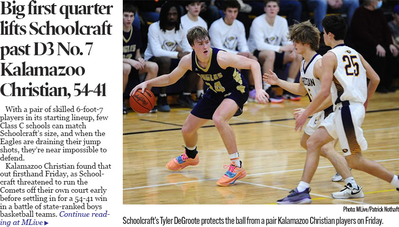 Big first quarter leads Schoolcraft to boys hoops win over seventh-ranked Kalamazoo Christian 