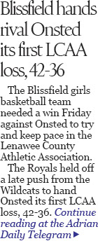 Blissfield girls basketball takes big LCAA matchup against Onsted 