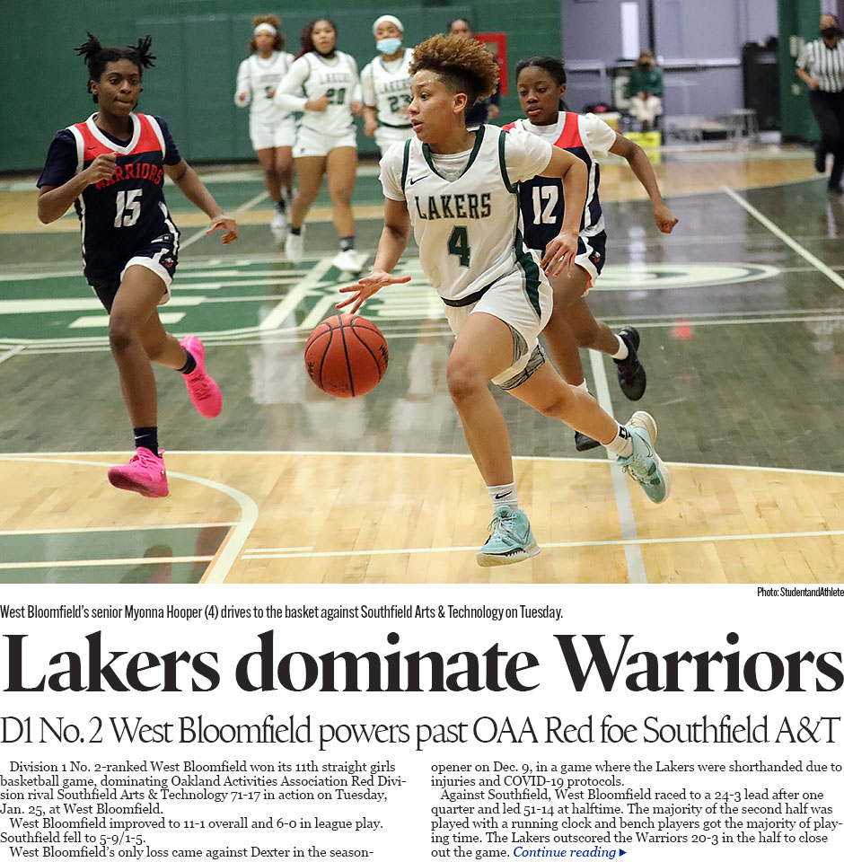    Division 1 No. 2-ranked West Bloomfield won its 11th straight girls basketball game, dominating Oakland Activities Association Red Division r