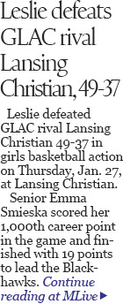 Emma Smieska’s milestone third quarter helps Leslie past Lansing Christian 