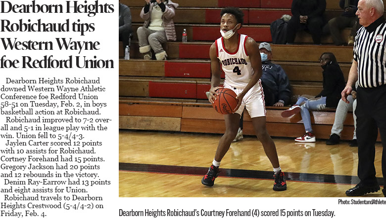   Dearborn Heights Robichaud downed Western Wayne Athletic Conference foe Redford Union 58-51 on Tuesday, Feb. 2, in boys basketball action at 