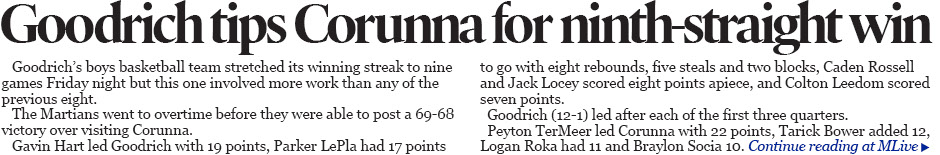 Goodrich boys win ninth straight game in overtime