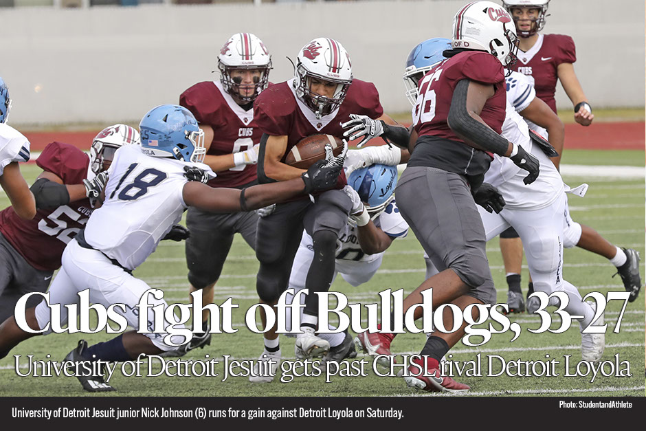    University of Detroit Jesuit held off Detroit Loyola 33-27 in a Catholic High School League AA Division football matchup on Saturday, Sept.  
