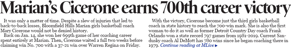Bloomfield Hills Marian girls basketball coach Mary Cicerone is first Michigan woman to win 700 career games 
