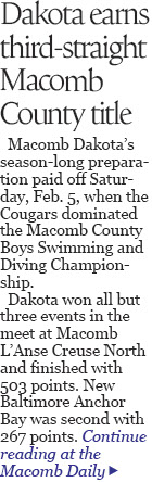 Dakota romps to third straight Macomb County swim championship 