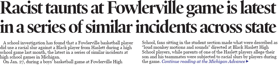 Racist taunt in Fowlerville is another in a series involving Michigan high school athletics 