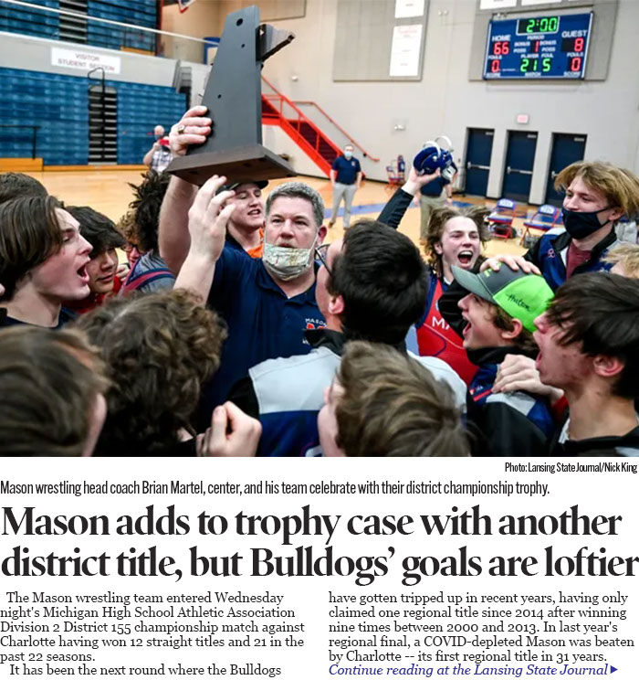 Mason wrestling adds to trophy case with another district title, but the Bulldogs' goals are loftier 