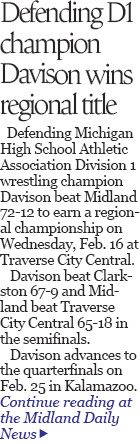 Midland High’s wrestling team met its match in top-ranked and defending state champion Davison.