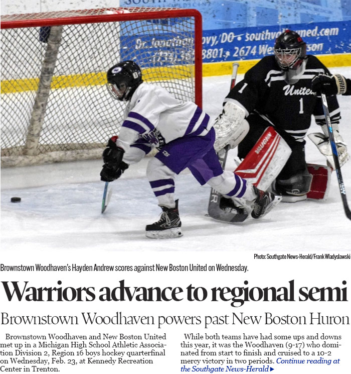 Woodhaven hockey overpowers New Boston United in playoff opener