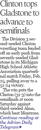 Clinton uses streak of pins to top Gladstone in wrestling quarterfinals 