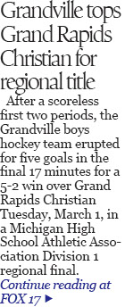 3rd period explosion lifts Grandville to regional final win over Grand Rapids Christian 
