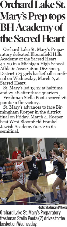    Orchard Lake St. Mary’s Preparatory defeated Bloomfield Hills Academy of the Sacred Heart 40-29 in a Michigan High School Athletic Associatio