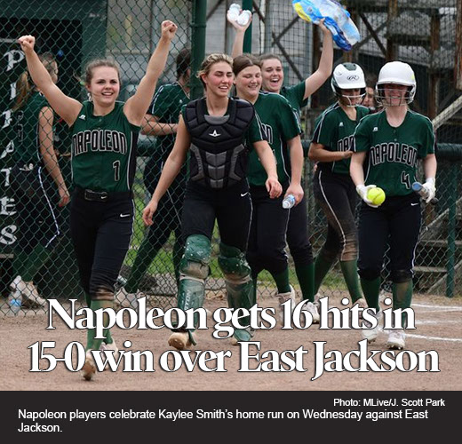 The Napoleon girls softball team scored early and often to top East Jackson, 15-0 in four innings