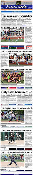 June 15, 2022 StudentandAthlete.org front page: Michigan high school athletic association softball playoffs, girls soccer playoffs