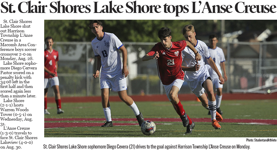 St. Clair Shores Lake Shore beats Harrison Township L'Anse Creuse in boys soccer action on Aug. 28, 2023