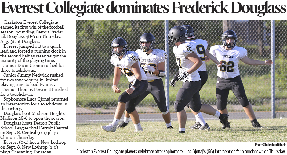 Michigan high school football: Clarkston Everest Collegiate beats Detroit Frederick Douglass 48-6 on Thursday, Aug. 31, 2023