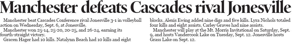 Michigan High School Volleyball: Manchester beats Jonesville on Wednesday, Sept. 6, 2023.