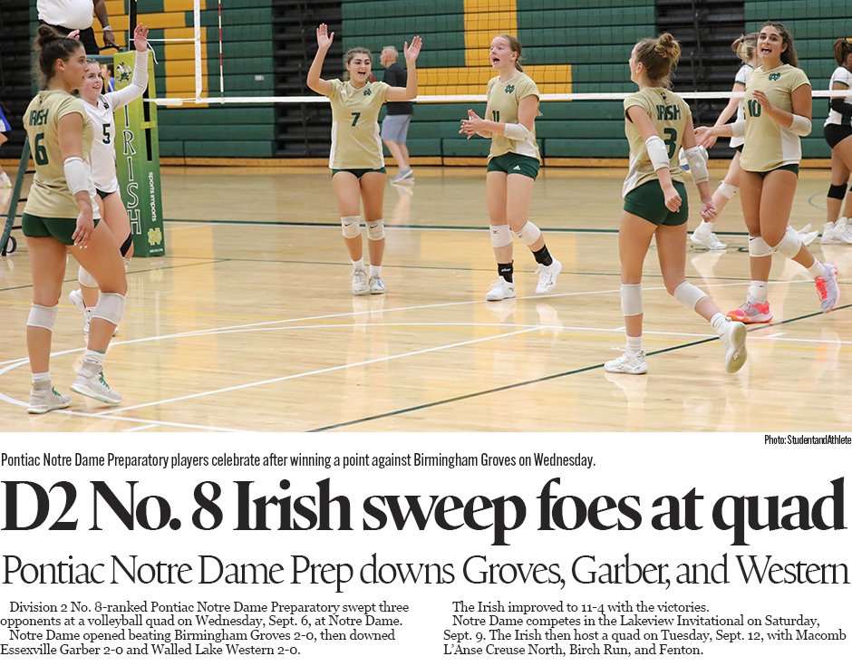 Michigan high school volleyball: Pontiac Notre Dame Preparatory wins quad on Wednesday, Sept. 6, 2023.