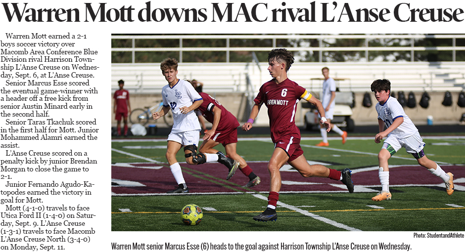 Michigan high school boys soccer: Warren Mott beats Harrison Township L'Anse Creuse on Wednesday, Sept. 6, 2023.