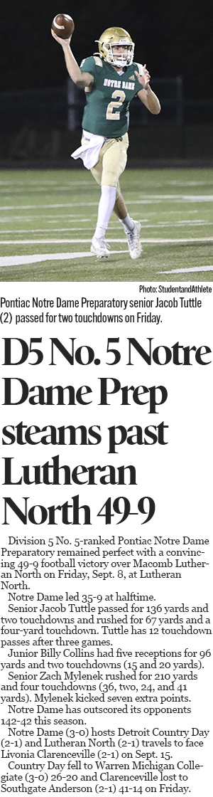 Michigan High School Football: Pontiac Notre Dame Preparatory beats Macomb Lutheran North 49-9 on Sept. 8, 2023.