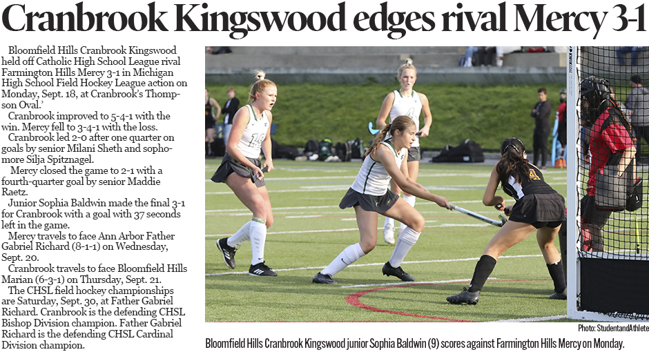 Michigan High School Field Hockey: Bloomfield Hills Cranbrook Kingswood beats Farmington Hills Mercy 3-1 on Sept. 18, 2023.