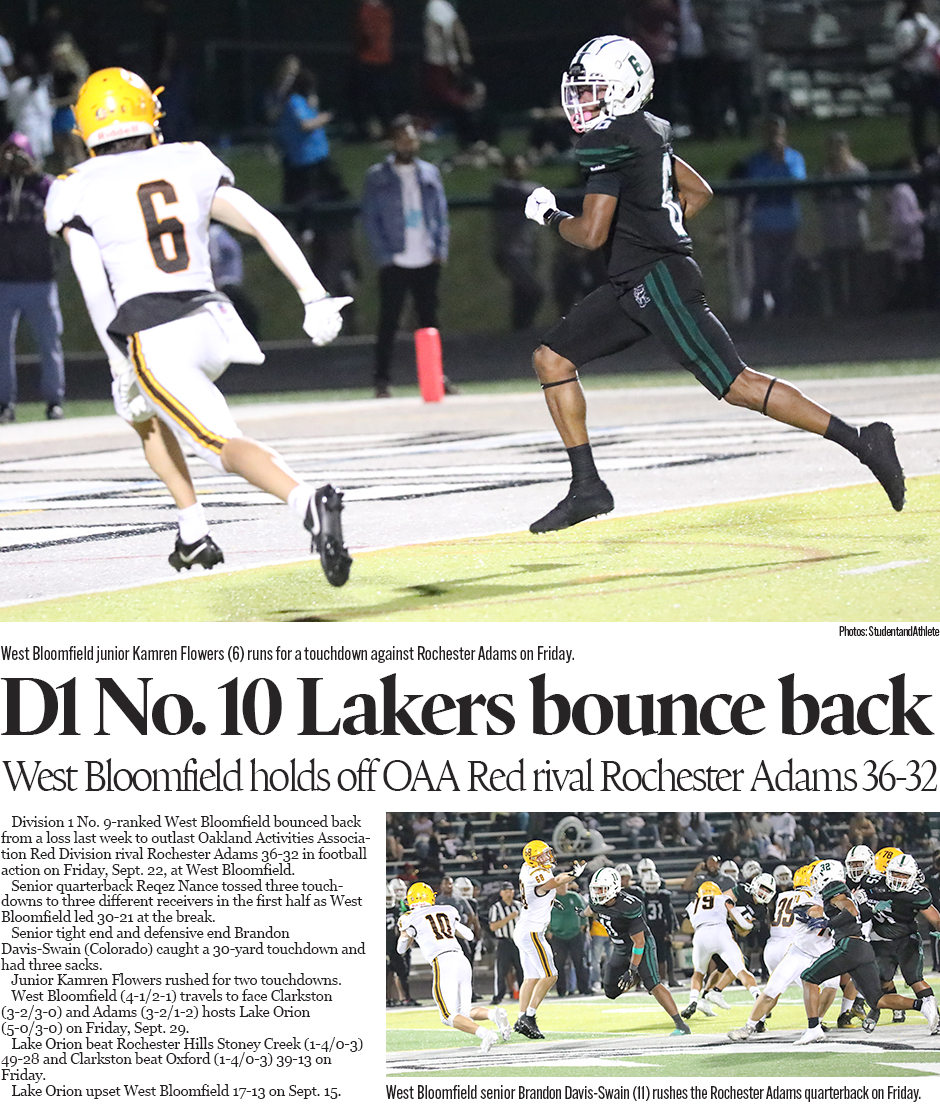 Michigan High School Football: West Bloomfield beats Rochester Adams 36-32 on Sept. 22, 2023.