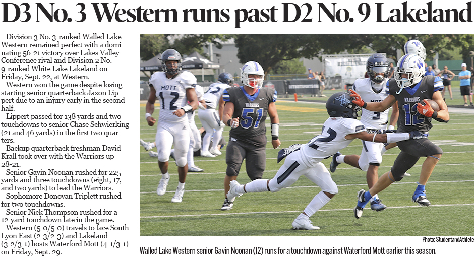Michigan High School Football: Walled Lake Western tops White Lake Lakeland 56-21 on Sept. 22, 2023.