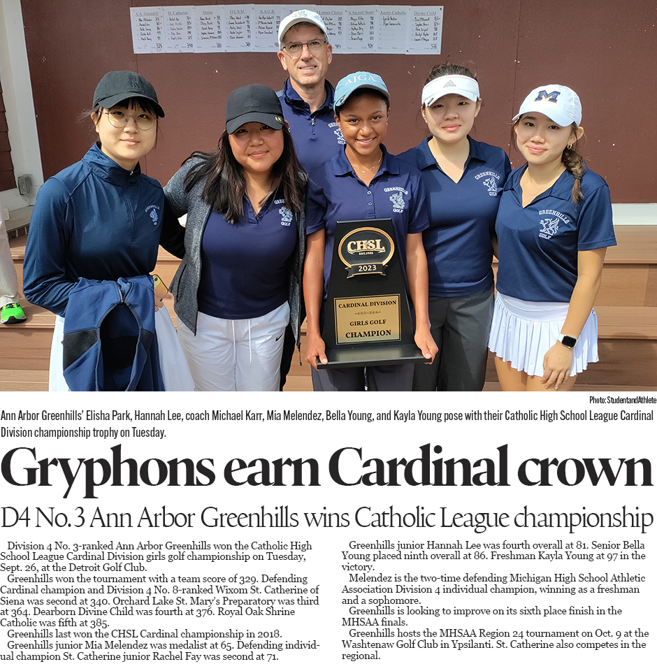 Michigan High School Girls Golf: Ann Arbor Greenhills wins CHSL Cardinal championship on Sept. 26, 2023.