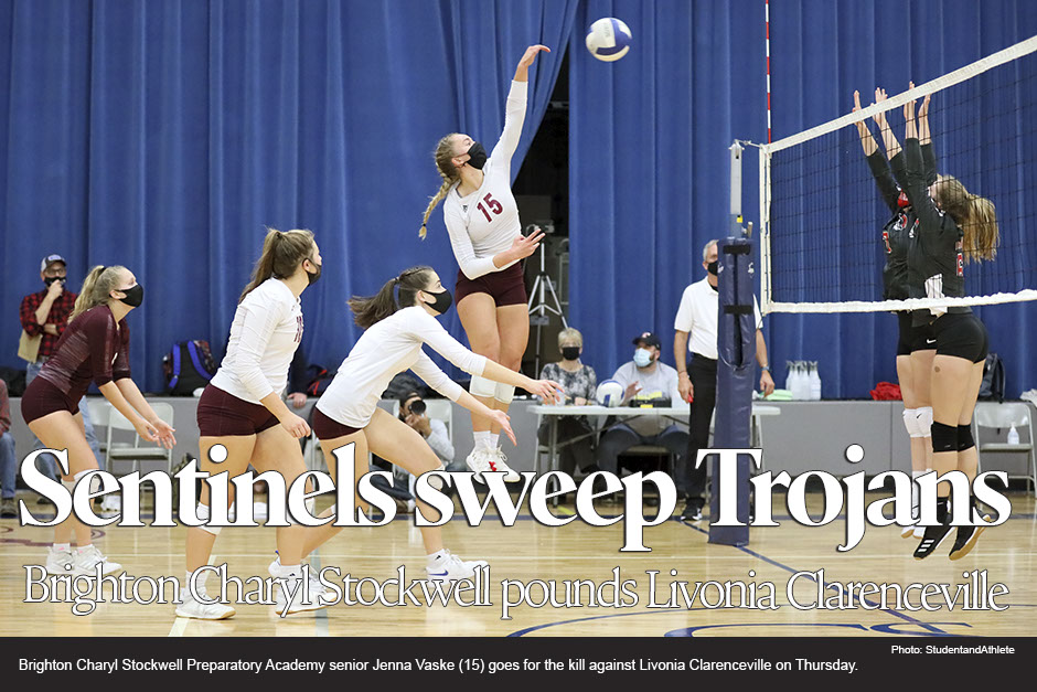 Volleyball: Brighton Charyl Stockwell Preparatory Academy beats Livonia Clarenceville on Thursday, Oct. 15, 2020.