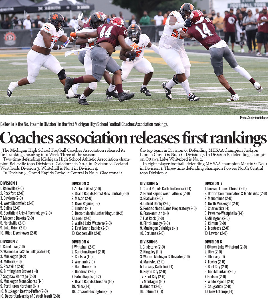 Michigan High School Football: Michigan High School Football Coaches Association released first rankings on Sept. 8, 2023.