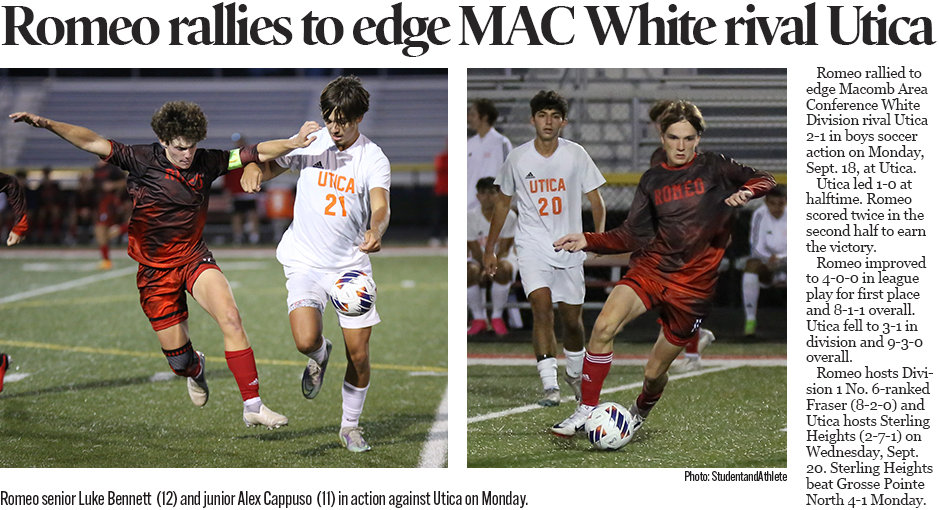 Michigan High School Boys Soccer: Romeo beats Utica 2-1 on Sept. 18, 2023.