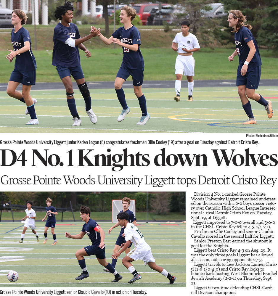 Michigan High School Boy Soccer: Grosse Pointe Woods University Liggett beats Detroit Cristo Rey 2-0 on Sept. 19, 2023.