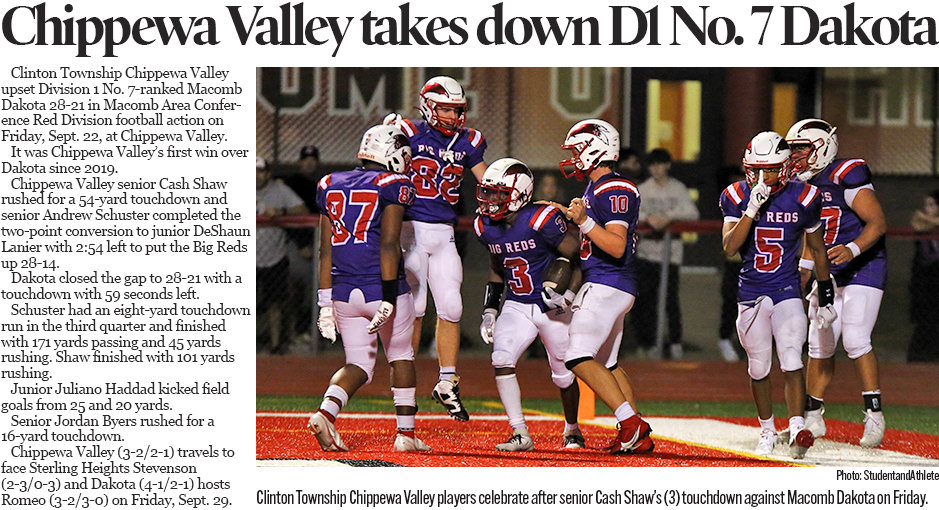 Michigan High School Football: Clinton Township Chippewa Valley beats Macomb Dakota on Sept. 22, 2023.