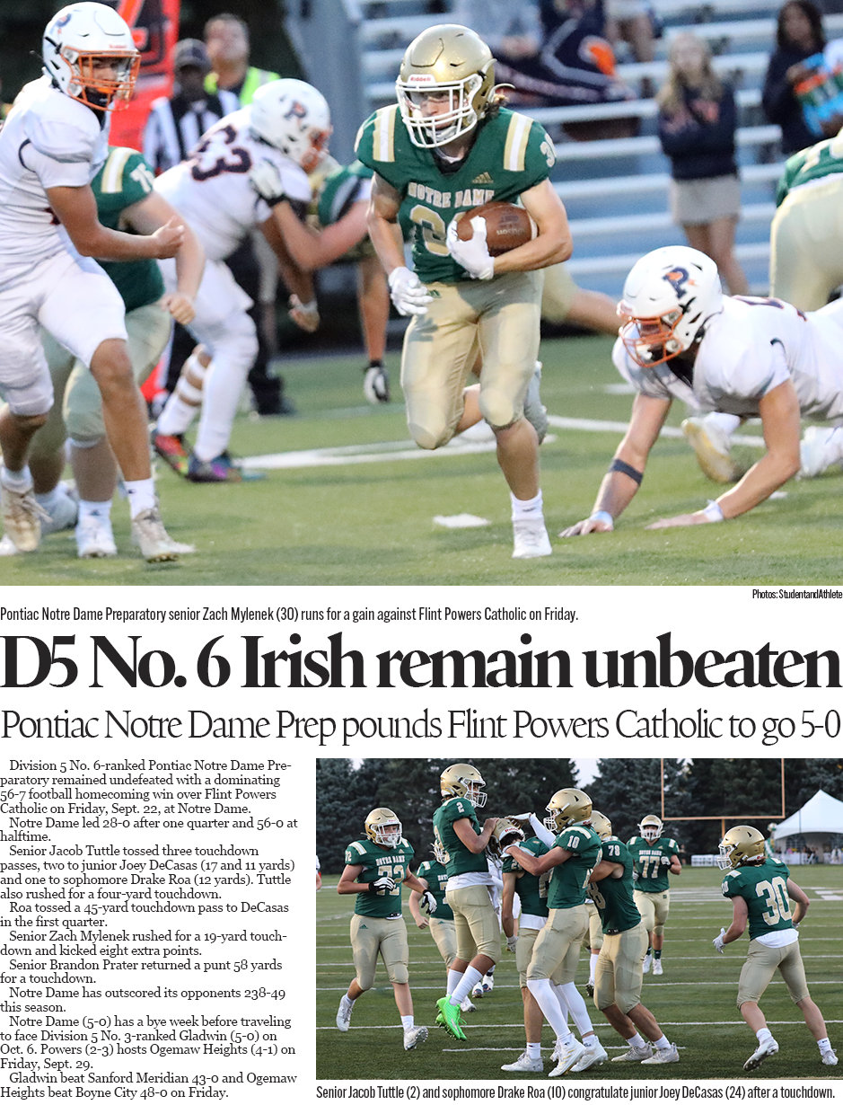 Michigan High School Football: Pontiac Notre Dame Preparatory tops Flint Powers Catholic 56-7 on Sept. 22, 2023.