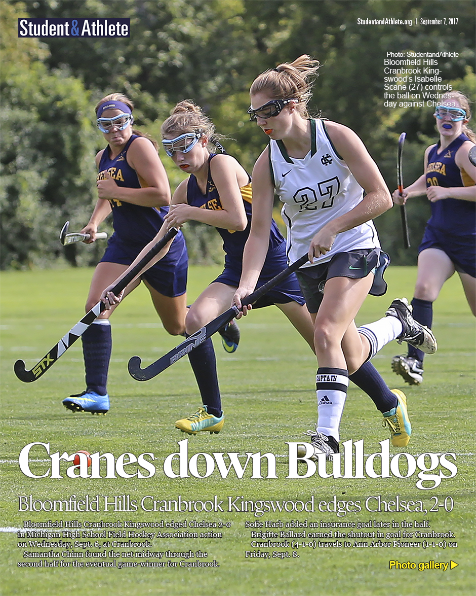 Bloomfield Hills Cranbrook Kingswood’s Isabelle Scane (27) controls the ball on Wednesday, Sept. 6, 2017, against Chelsea.